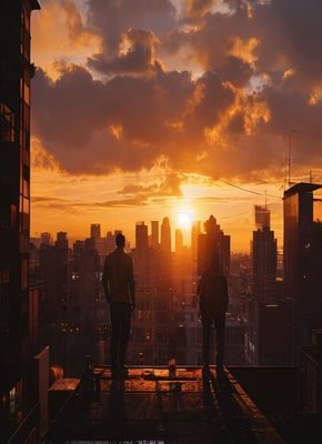 动作美剧主角在城市屋顶追逐场景，金色黄昏逆光，91美剧网动作类2026年新番
